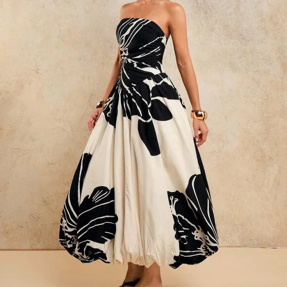 Black And White Elegant Women's Ruched Printed Dress - Picture 6 of 7